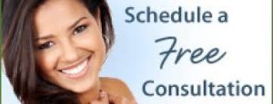 Schedule a free dental consultation banner with woman smiling
